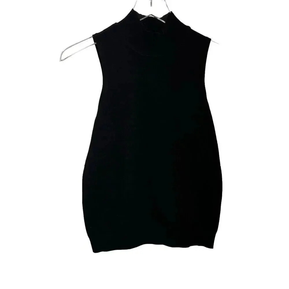 Minnie Rose Black mock turtleneck black knit sleeveless top size small - Picture 2 of 8
